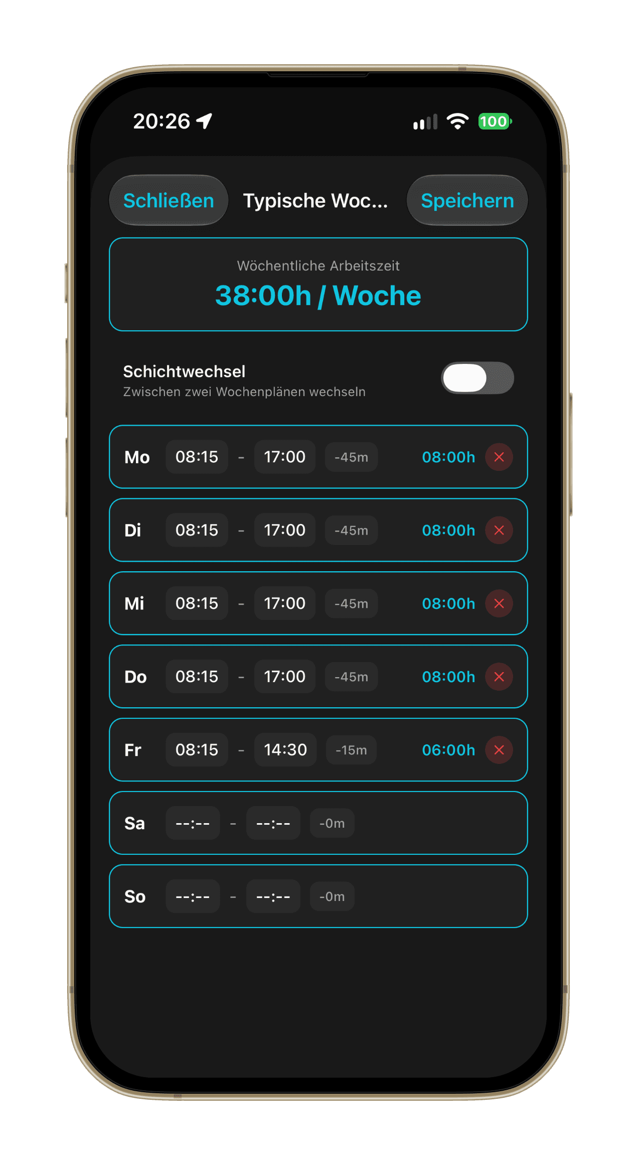 Chrono-Bildschirm Typische Woche: 38 Stunden pro Woche, Arbeitszeiten und Pausen von Montag bis Freitag, Schalter für Schichtwechsel.
